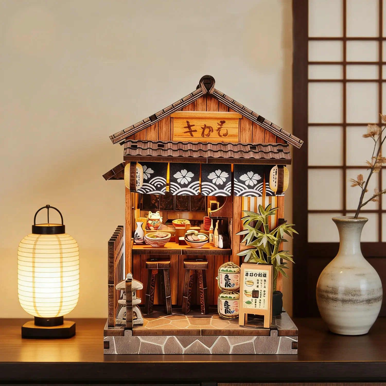 3D Wooden Miniature House Kit, Japanese Cottage Book Nook, DIY Bookshelf Insert Decor, Wooden Puzzle Bookend, Light Gift & Model Toy for Adults 14+ Kitchen Pretend Play Set