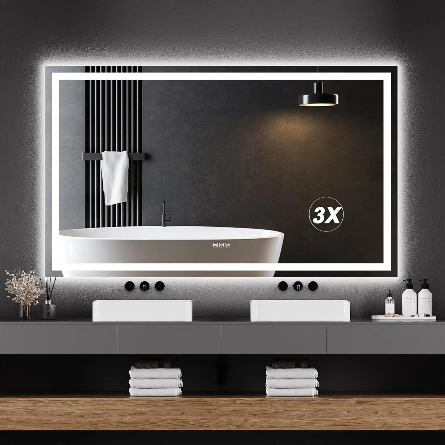 60"x36" Dimmable LED Mirror - Modern Linear Wall-Mounted Vanity Mirror with Front & Back LED Lights, Stepless Dimming, Anti-Fog, Shatter-Proof, Memory Function (Horizontal/Vertical), Led Lights Mirror