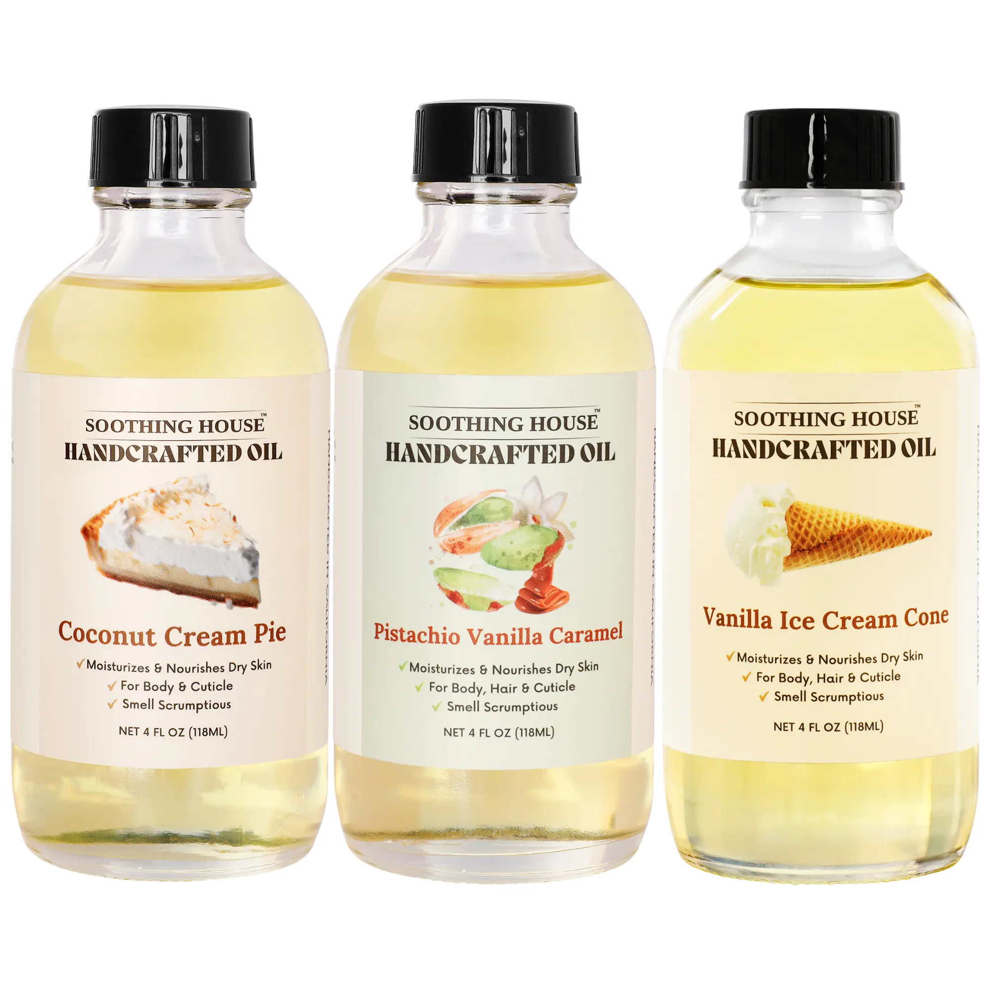 Soothing House Vanilla Dream Trio Bundle - Gourmand Body Oil Set with Coconut Cream Pie Pistachio Vanilla Caramel & Vanilla Ice Cream Cone Scents 4 Fl oz
