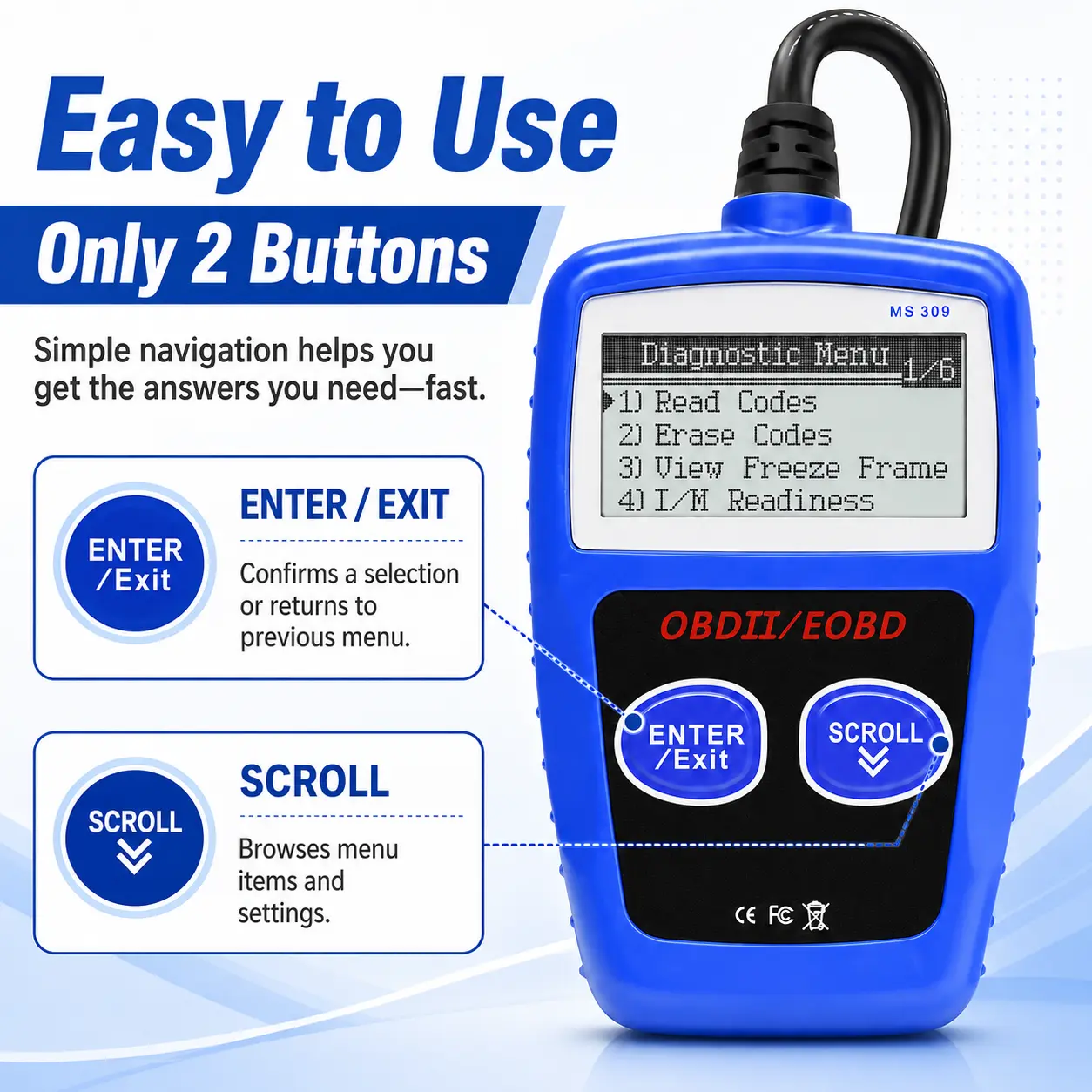 OBDII/EOBD Code Reader Scanner, Automotive Engine Fault Diagnostic Tool with Read & Erase Codes, I/M Readiness, Freeze Frame, Vehicle Info, Built-in DTC Lookup, 2-Button Plug-and-Play Car Scanner