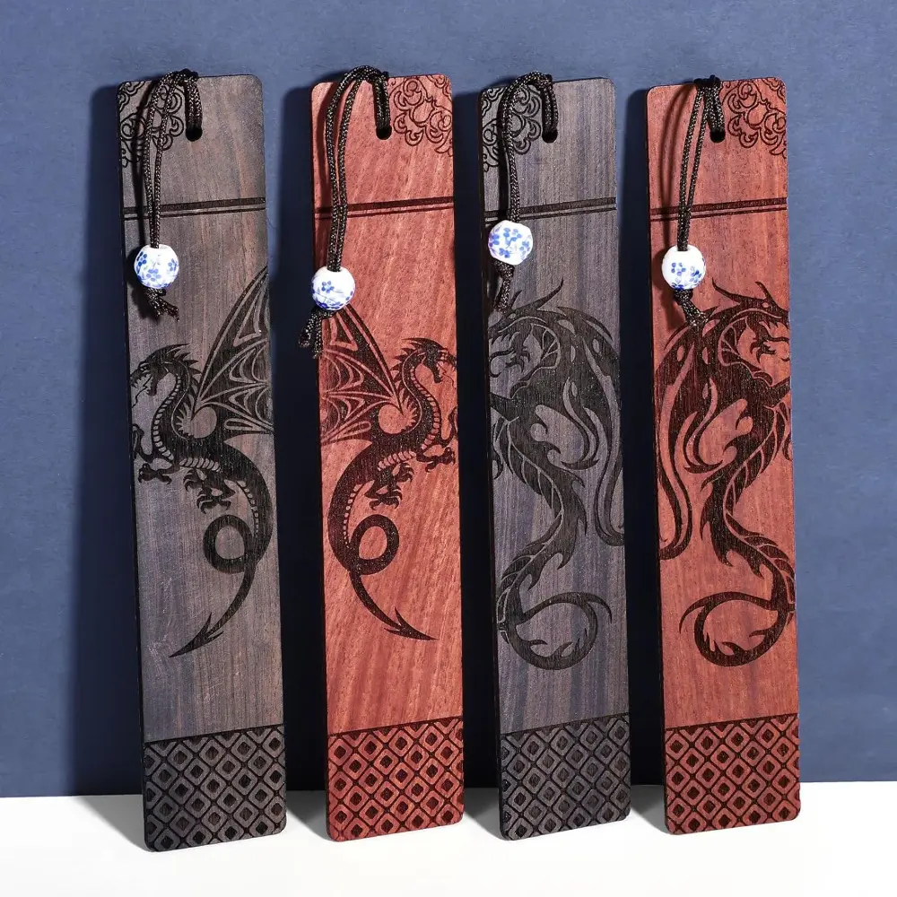 4Pcs Dragon Bookmark Gift, Wood Bookmark for Men Cool Book Marks Box Set Fantasy Gifts for Men Adults Makeup Decoration