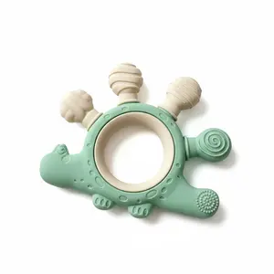 Boho Style Silicone Dinosaur Teether, Cute Stegosaurus Sensory Ring, BPA Free Gum Massager, Gift for Newborns, Baby Teething Toy