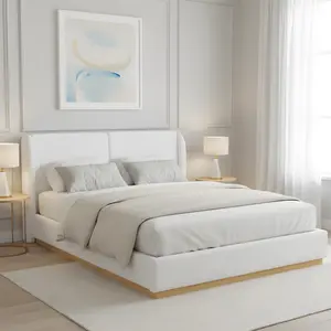 (2 packages)Modern White Bouclé Winged Bed Frame with Enclosed Wood Base, Queen/King Size