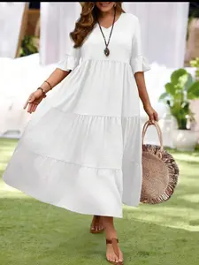 Plus Size Women's V Neck Midi Dress, Pleated Bell Sleeve Layered Flowy Long Dress, Casual Loose Beach Vacation Dress, Daily Wear