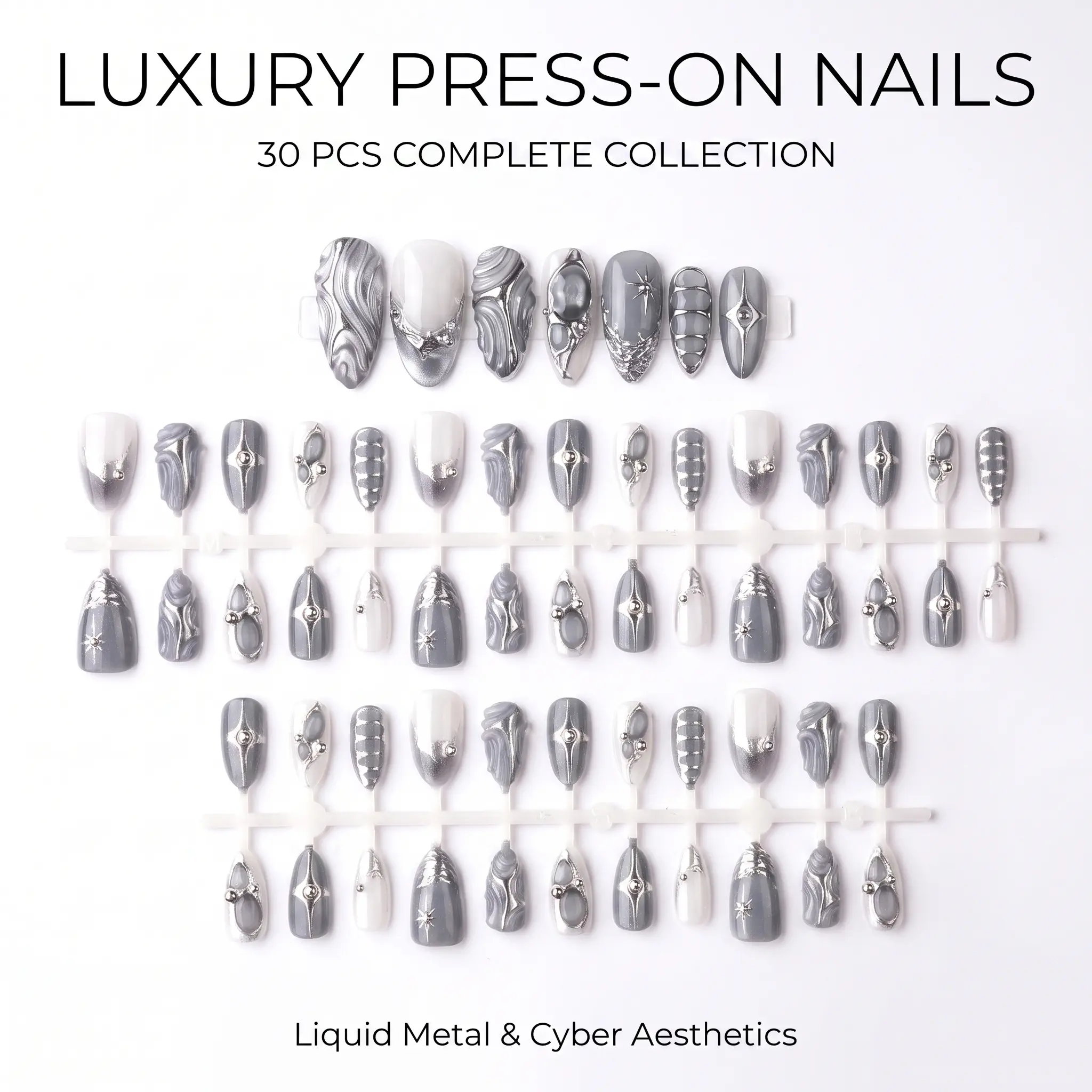 Zatvios Urban Techwear Silver Gray Press On Nails 3D Chrome Ornament Chic Reusable Nail Kit