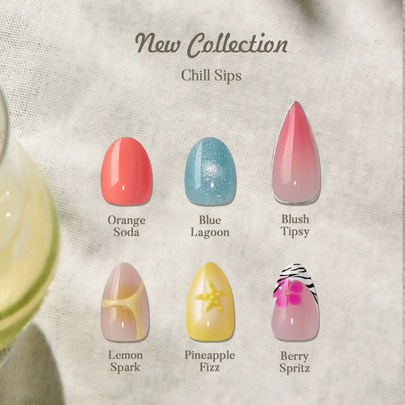 BTArtbox Press On Nails Short - Chill Sips, Easy-to-Apply 3D Almond Stiletto Summer Cat Eye Press On Nails with Glue and Adhesive Tabs in 16 Sizes - 32 Nails All-in-One Kit, Summer Holiday