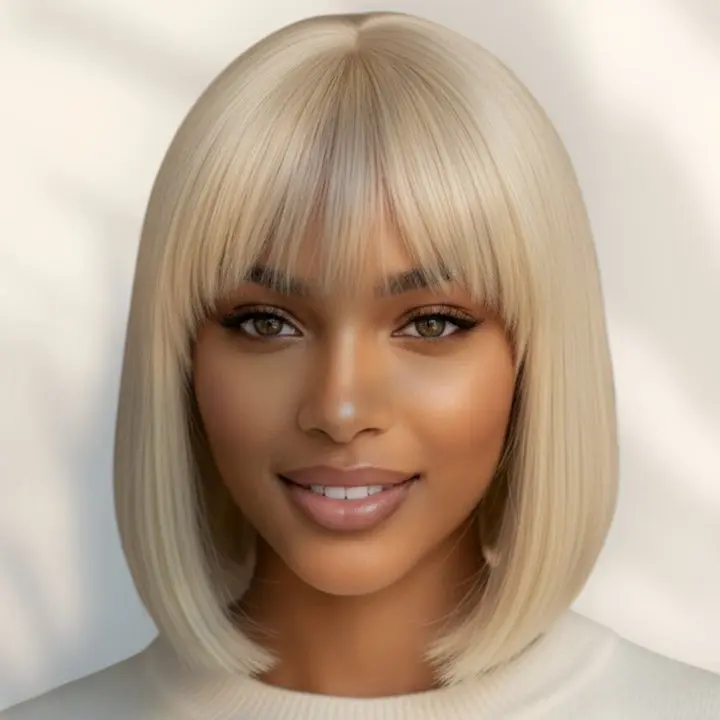 Crowned Essential 613 Platinum Blonde Bob with Bangs - 100% Human Hair Wig for Glam Events & Photoshoots