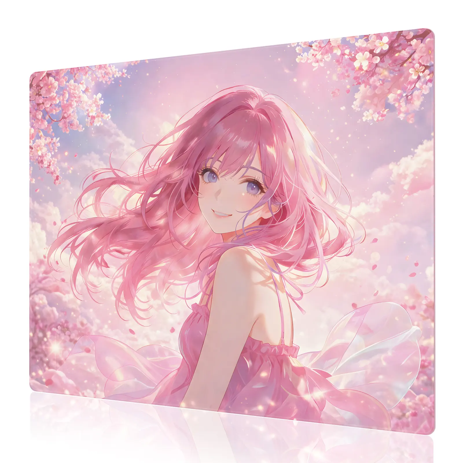 GOGOSOLO UV Reactive Fluorescent Tempered Glass Gaming Mouse Pad - Anime Girl Cherry Blossom Art, Hard Smooth PC Mat, Neon Glow Under Black Light, Non-Slip Silicone Base, Waterproof Easy-Clean Esports Desk Accessory for Gamers, Glass Mousepad