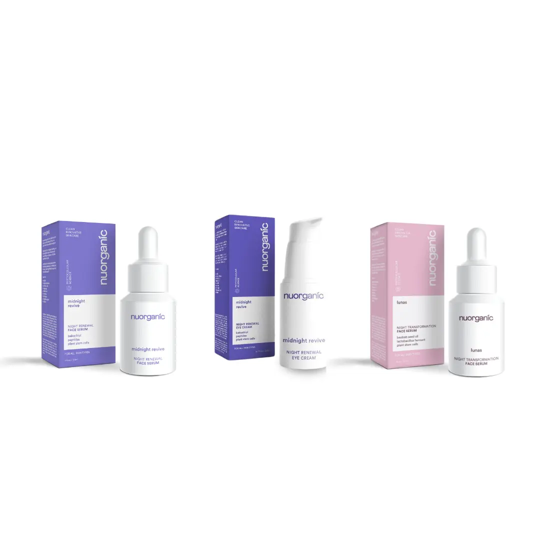 nuorganic Nighttime Bundle (3qty) - Bakuchiol Midnight Revive Face Serum, Bakuchiol Eye Cream, Lunas Night Transformation Face Serum, Skin Repair, Skincare, Nighttime Skincare Routine
