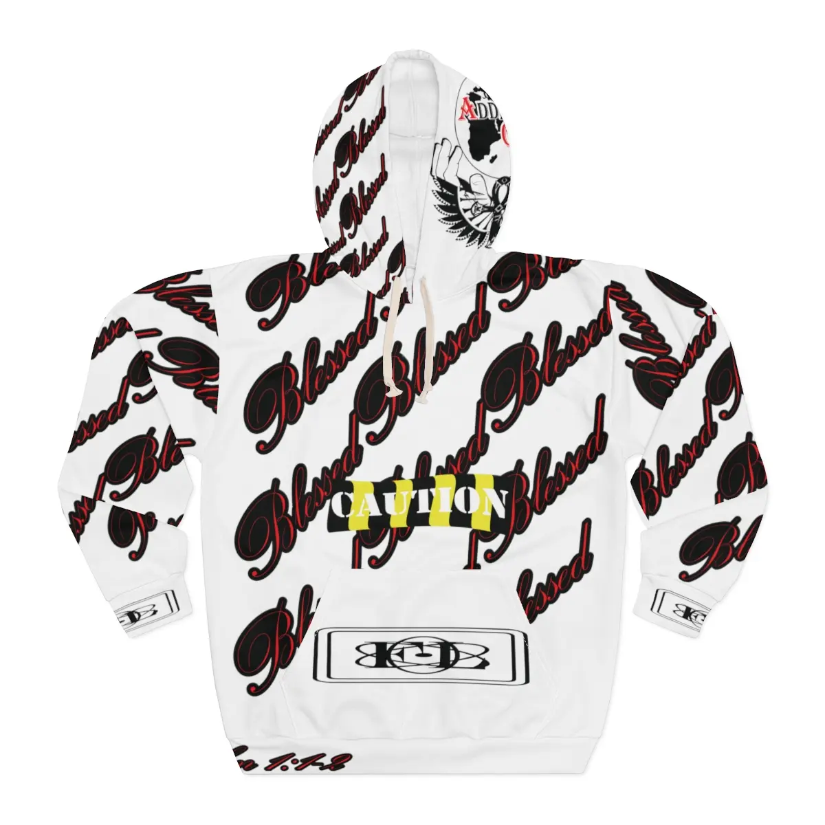 FL (ATG) Caution Blessed Unisex Pullover Hoodie (AOP) (BLK V)