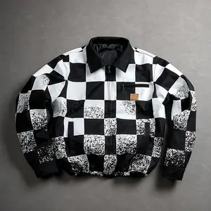 American vintage red-and-white checkered distressed jacket — high-street streetwear workwear style, lapel zip-up outerwear for men