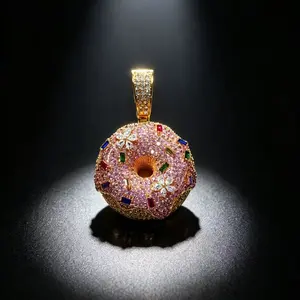 8051 Colorful Sparkle Donut Pendant Playful Hip Hop Food Style Necklace with Multi-Color Gems and Unique Design summerwins