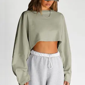 Women's Plain Batwing SleeveCrop Sweatshirt, Chic Street Casual DropShoulder Round Neck Pullover for Fall, LadiesClothes for Daily Wear, Going Out Tops,Womenswear