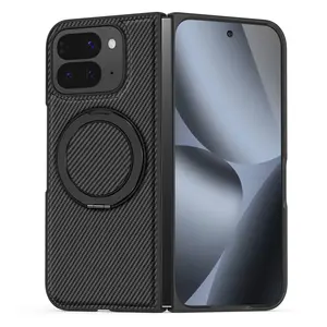 Magnetic for Google Pixel 10 Pro Fold Carbon Fiber Case with Stand, [Compatible with MagSafe] Aramid Fiber Twill 360° Rotation Kickstand Thin PC Shockproof Case, Black, Shockproof Phone Cover