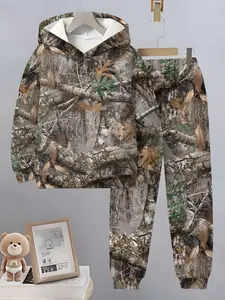 Boys Fashion Leaf Pattern 3D Printed Casual Hoodie Set, Long Sleeve Sports Wear, Spring Fall Winter Outdoor Hoodies, Fitted Sweatshirts