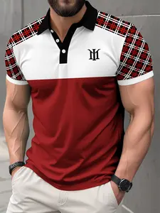 Men's Wine Plaid Patchwork Performance Polo Shirt, Summer Polos, Casual Short Sleeve Business Golf Shirt, Breathable Lightweight Streetwear Top
