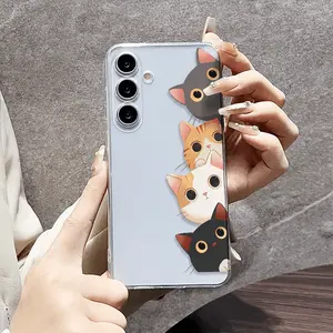 A Transparent, Shockproof Phone Case Featuring Four Probe Cats, Compatible with Samsung Models A03S, A04, A12, A13, A15, A21S, A24, A25, A32, A33, A34, A35, A50, A51, A52, A53, A54, A55, A71, S20/FE, S21/FE/PLUS/ULTRA, S22/PLUS/ULTRA, S23/FE/PLUS/ULTRA, A