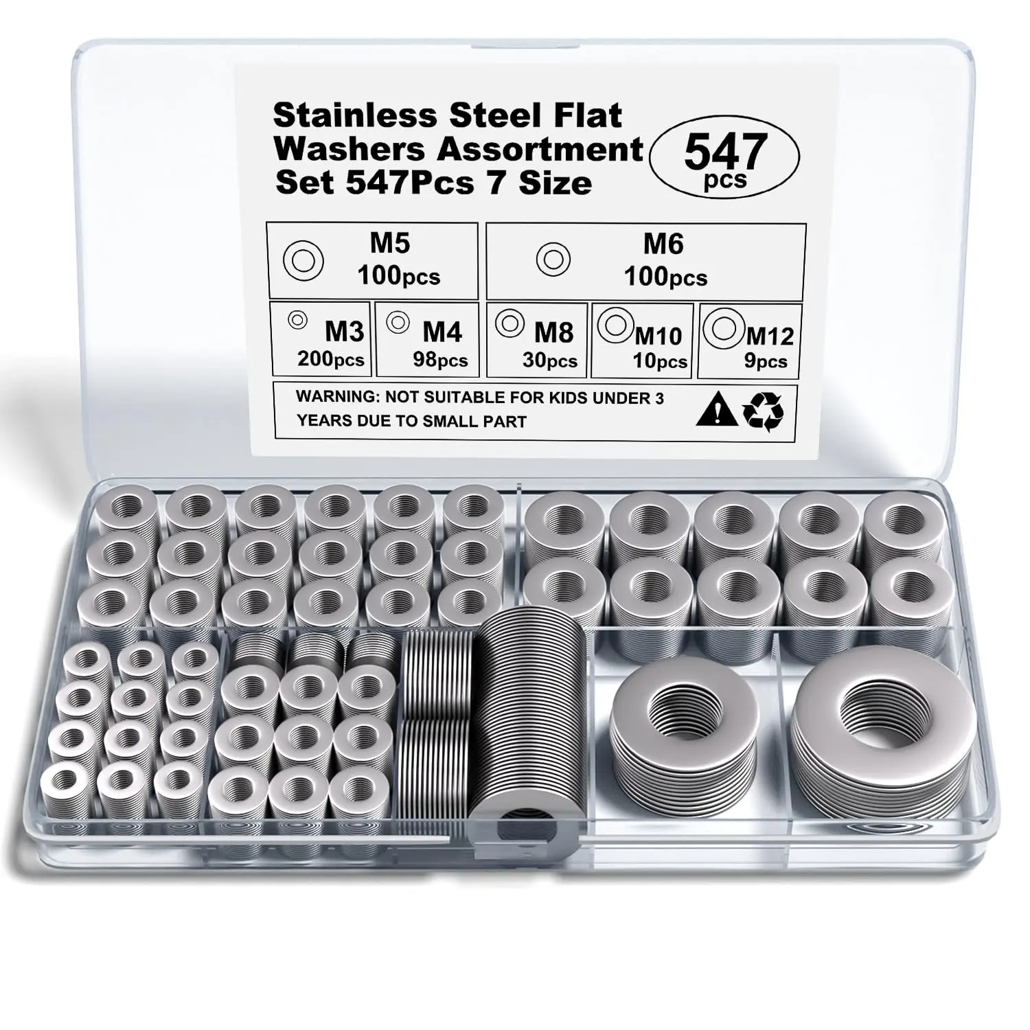 Stainless Steel Flat Washers Assortment, 18-8 (304) Stainless Steel, 547-Piece Set (Assorted Metric Sizes M3-M12, 3mm, 4mm, 5mm, 6mm, 8mm, 10mm, 12mm) with Plastic Storage Case
