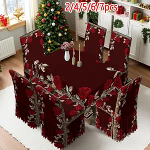 2/4/6/5/7 pieces of fashionable and high-end dining chair cover and tablecloth sets, thickened dining chair slipcover and tablecloth sets (1 tablecloth + 4 chair covers or 1 tablecloth + 6 chair covers), easy to care for, reusable, for home decoration