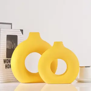 Yellow Ceramic Vase Set of 2 - Boho Decor for Pampas Grass, Flowers, Centerpieces, Modern Home Decor, Bedroom, Coffee Table, Fireplace, Rustic Style