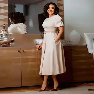 Summer/Spring women’s office dresses — formal work wrap dresses with an O-neck, puff sleeves, a belted waist, and an A-line silhouette; bodycon dress; African dresses; womenswear; check pattern; light fit; basic dark purple workwear short-sleeve dress