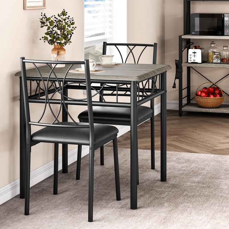 3-Piece Rustic Grey Metal & Wood Square Dining Table Set for 2 - Square Shape, Stable Steel Legs, 2 Upholstered Chairs, Waterproof Coat, Space-Saving Storage for Small Spaces & Apartments