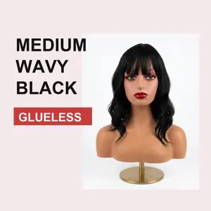 Medium Length Loose Wavy Wig with Simulated Scalp - Black
