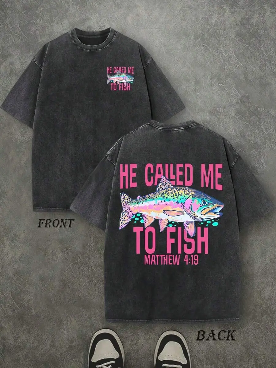 Vintage Christian Fishing T-Shirt, He Called Me To Fish Matthew 4:19 Washed Black Cotton Oversized Short Sleeve Tee, Retro Rainbow Trout Graphic Casual Crewneck Shirt for Men