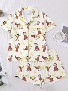 Women's Monkey Banana Print Sleepwear Set, Comfortable Fashion Casual Home Wear, Pajama Set, Sleepwear Pajamas Set Long Short Pajama Set