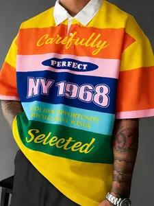 Men's and Women's Vintage Rainbow Striped NY 1968 Loose Fit, Casual, Stylish Polo Shirt CleanFit Y2K Aesthetic Institute Style Fabric, made of soft breathable polyester, Eye-catching bold rainbow stripes + vintage slogan print, Contrast collar desig