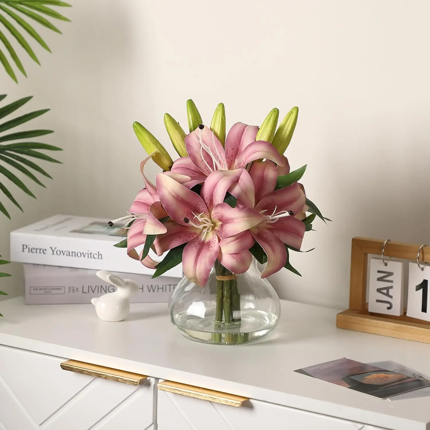 6-Pack Realistic Silk Lilies Artificial Flowers with Glass Vase – Lifelike Faux Lily Bouquet for Home Wedding Office Decor,No Maintenance,Bendable Stems,Ready-to-Display-Purple