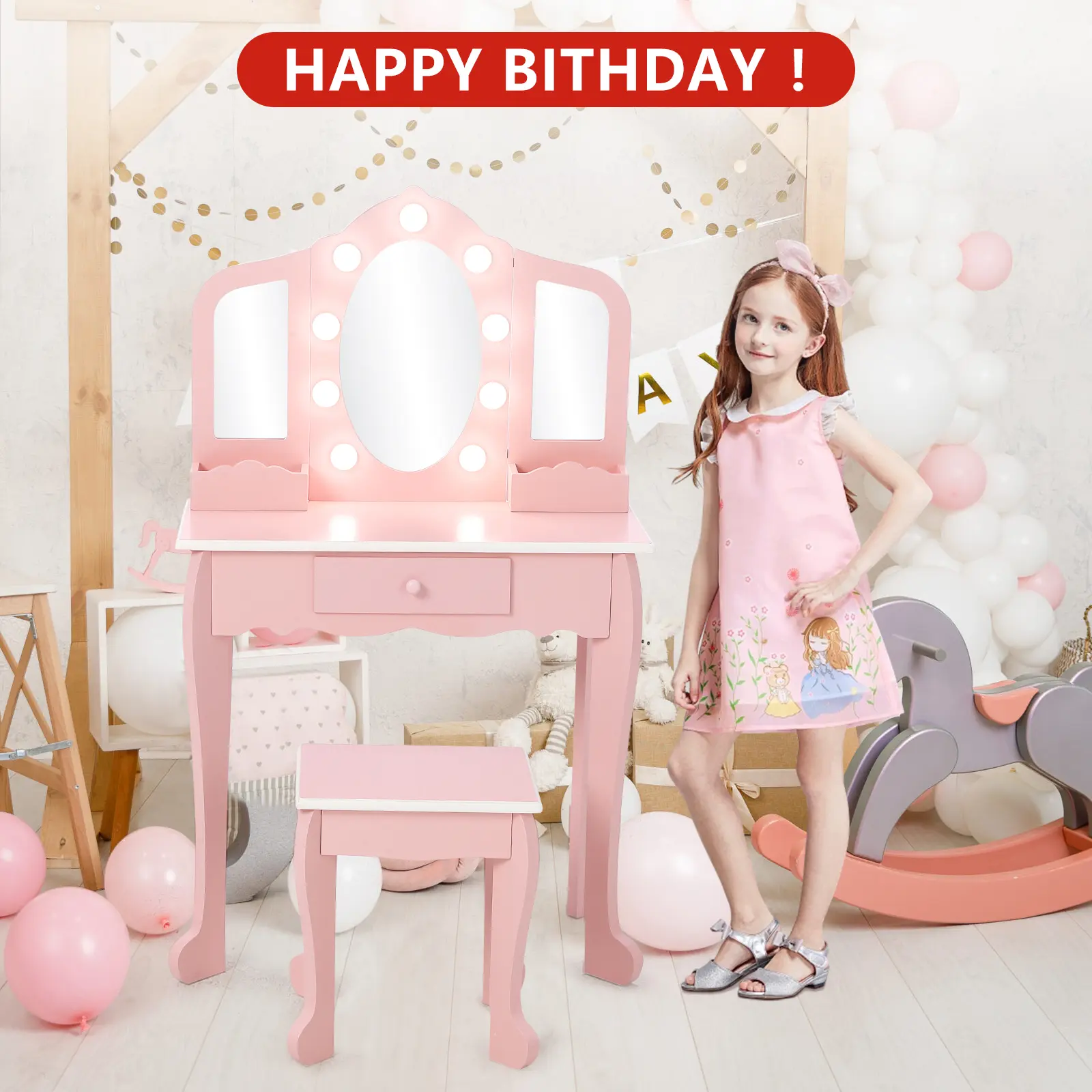 Girls Foldable Vanity Table Set with Foldable Legs - Kids Wooden Bedroom/Playroom Furniture for Holidays, 1 Table (23.2" L x 11.8" W x 37" H), 1 Ergonomic Stool, Adjustable LED Lights, Tri-Fold Mirrors, Drawer, Pretend Play