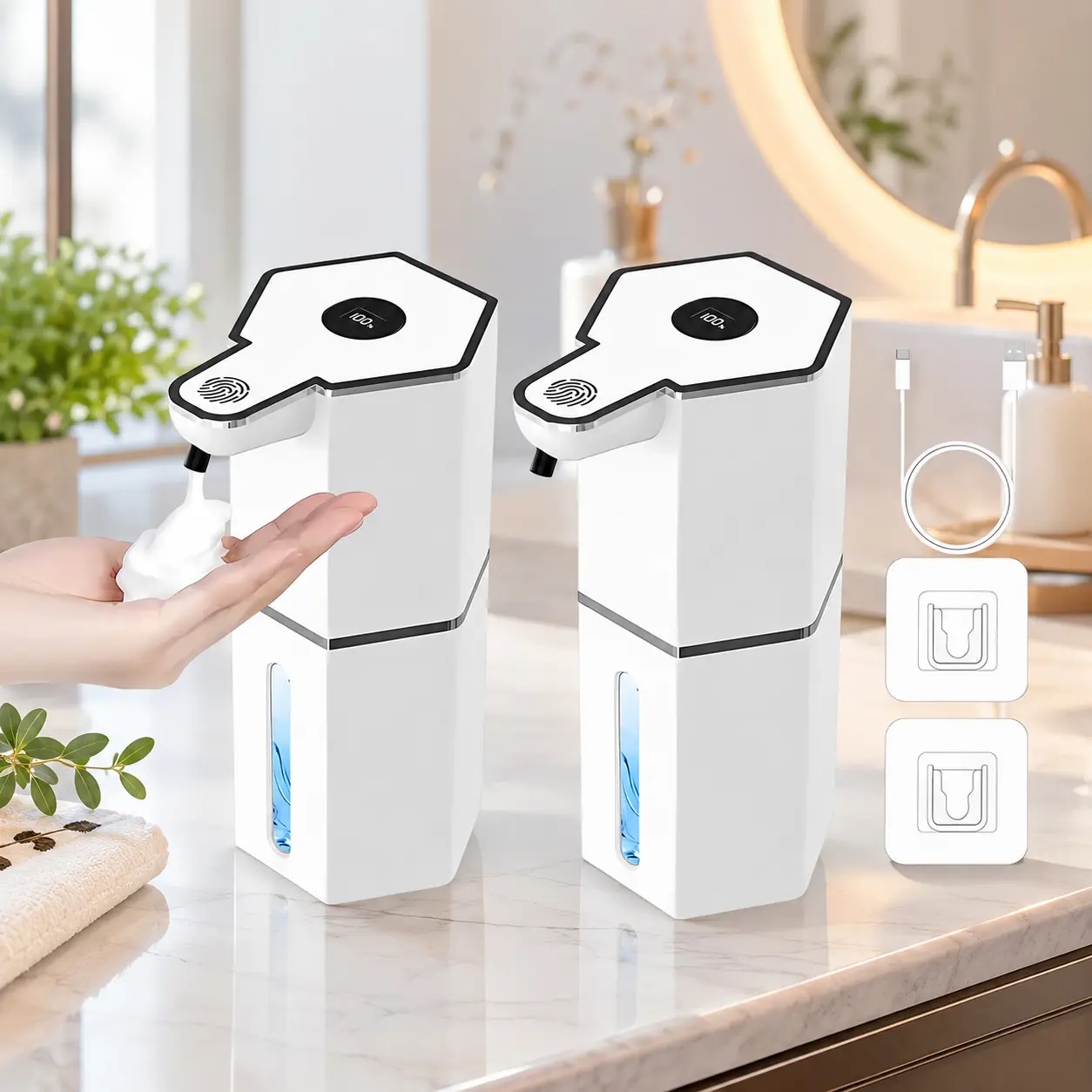 Automatic Liquid Soap Dispenser，Touchless Foaming Soap Dispenser, USB Rechargeable，4 Adjustable Levels，Waterproof Soap Dispenser, Kitchen Gadgets，Home Essentials，Hand Wall，Bathroom Restroom Soap Dispenser，Bathroom Kitchen Accessories Dish Soap