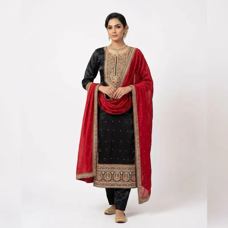 Women's Punjabi Salwar Kameez - Unused, Undamaged Traditional Asian Lady Clothes, Intricate Embroidery Red-Black Color Block Full-Length Cultural Costumes, All-Season Womenswear, Asian Costumes