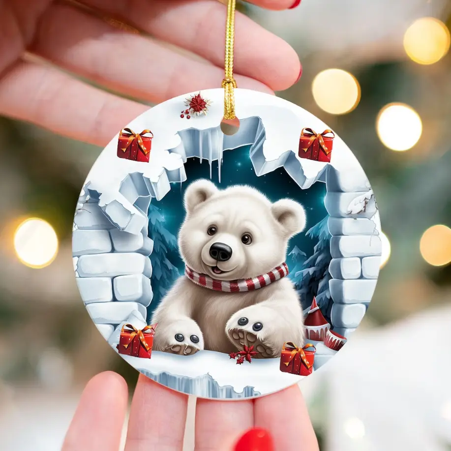 3D Cute Polar Bear Christmas Ornament, Christmas Round Ornament 3D Christmas Ornament