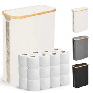 Lidded Toilet Paper Storage Basket with Handles, Foldable Bamboo Toilet Paper Holder with Non-Slip Base, Holds Extra Toilet Paper Rolls