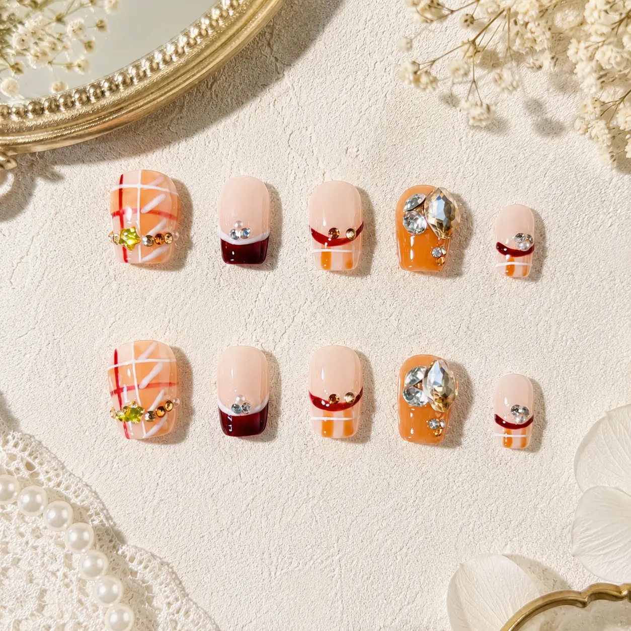 Velvety Plaid Press-on Nails, Nail Art Decoration Accessories for Beauty & Personal Care