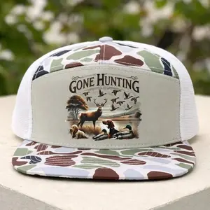 Gone Hunting Trucker Hat for Men, Deer & Duck Hunting Camo Snapback Cap, Flat Brim Mesh Outdoor Hat, Adjustable Hunter Gift for Him , Gift For Her