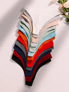 Women's 12pcs Solid Drop Waist Thong, Soft Comfy Breathable Knicker for Daily Wear, Ribbed Panty Underwear for All Seasons