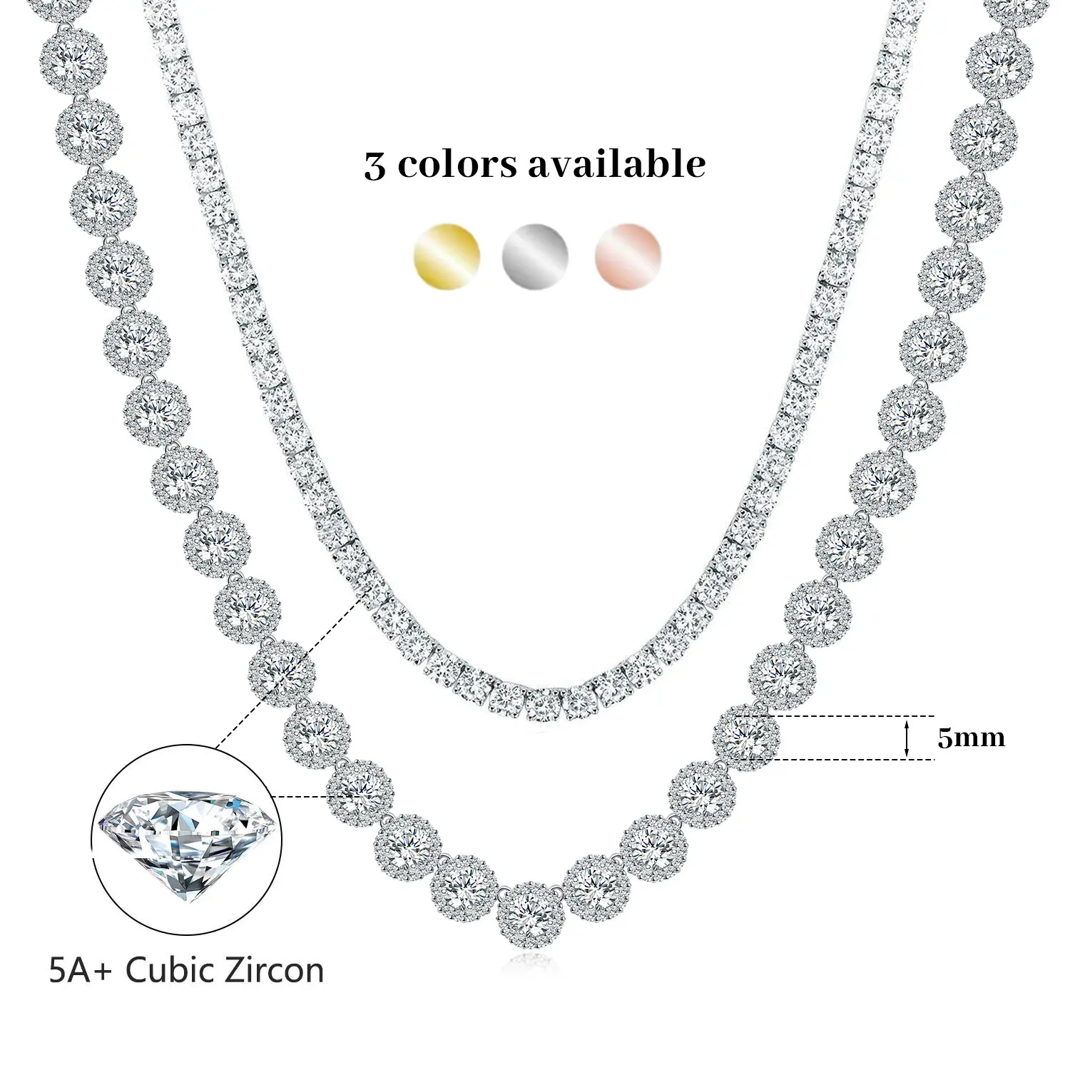 Cubic Zirconia Gemsme 3-6MM Tennis Necklace, Gold-Plated Brass Chain, Hiphop Pendant Jewelry for Men Women