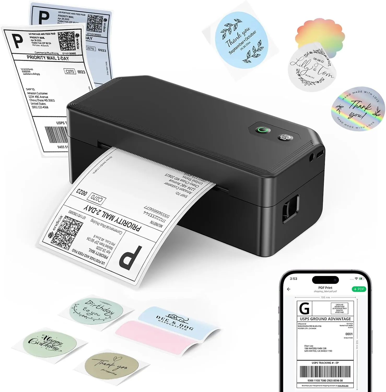 Bluetooth Thermal Label Printer, 4x6 Shipping Printer | 180mm/s printing, iOS & Android Support, Windows & Mac Compatible, Small Business with Amazon Shopify USPS UPS Etsy, Black