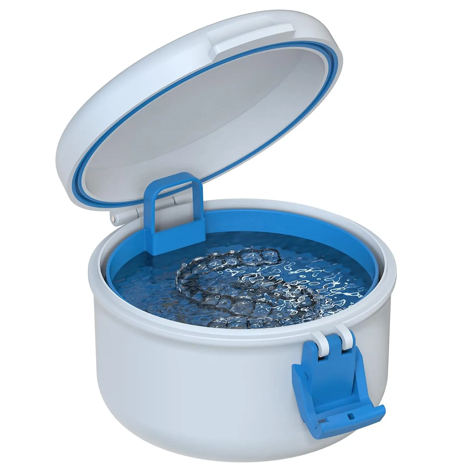 BVN Leak-Proof Denture Bath Cup with Strainer - Travel-Friendly for Submerge Soak of Dentures, Retainers (White + Blue)