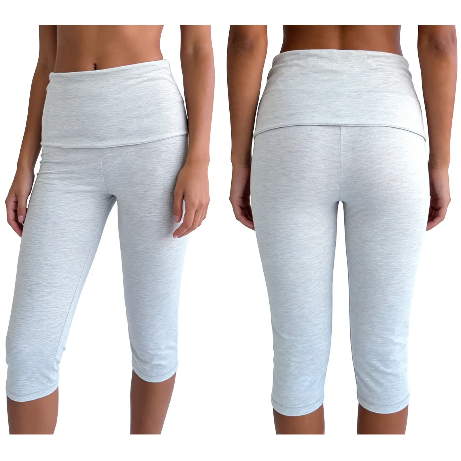 Women's 63cm Polyester Capri Leggings, Solid Color Foldover Waistband, Stretch Summer Casual Cropped Bottoms