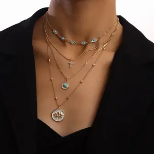 Chic Instagram-Style Women's Necklace: Multi-Layered Fine-Link Chain with Openwork Floral and Rhinestone-Embellished Cross Pendant