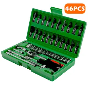46pcs 1/4" Screw Driver Socket Ratchet Multitool Wrench Set, with Bit Socket Set Metric and Extension Bar for Auto Repairing and Household, with Green Storage Case