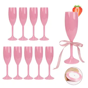 10 Pack Pink Champagne Flutes Acrylic Champagne Glasses Wedding Toasting Goblet with Satin Ribbon Nano Tape Reusable Unbreakable Champagne Cups for Bachelorette Bridal Shower Party