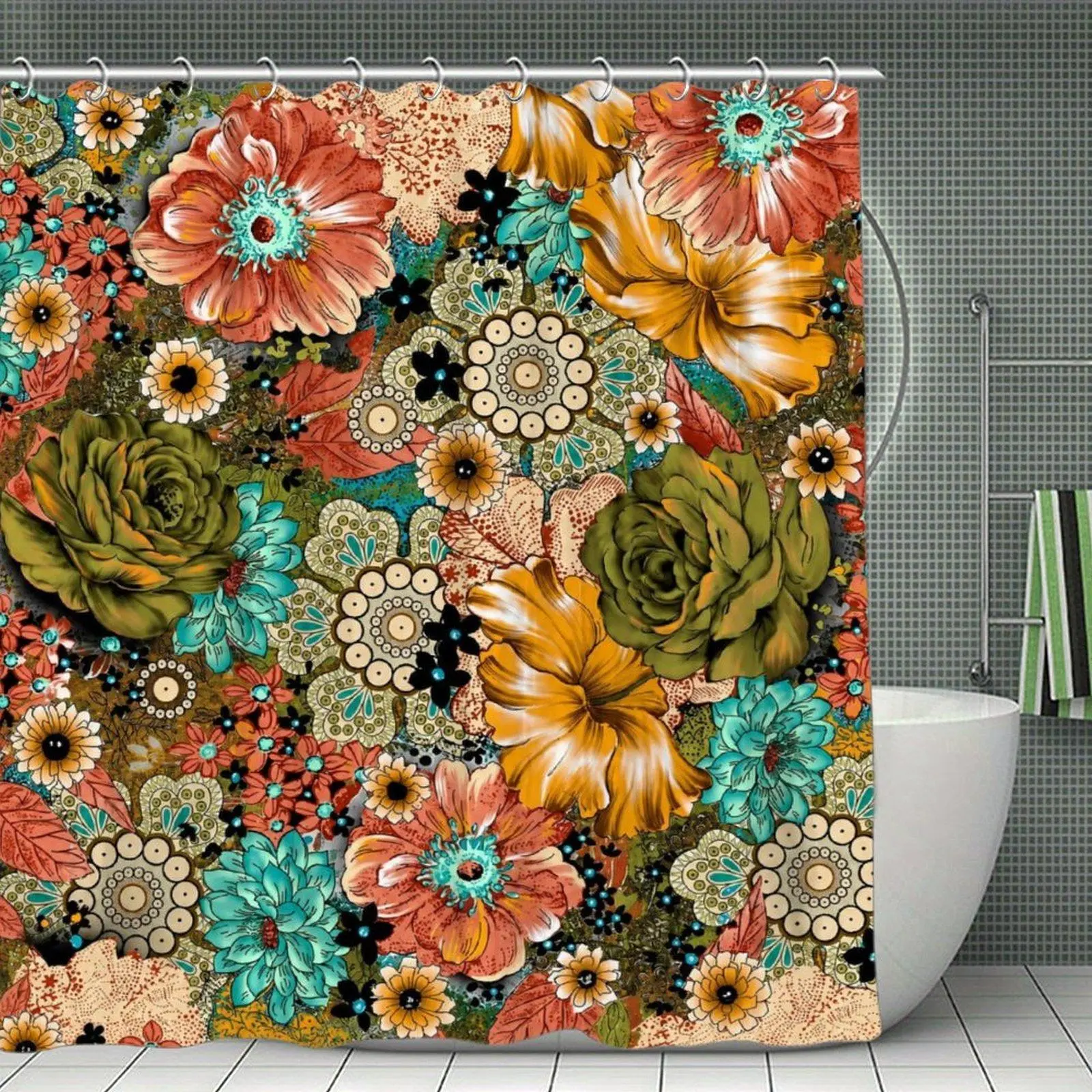 Boho Floral Shower Curtain, Retro Orange Teal and Green Flower Pattern, Vintage Bathroom Decor