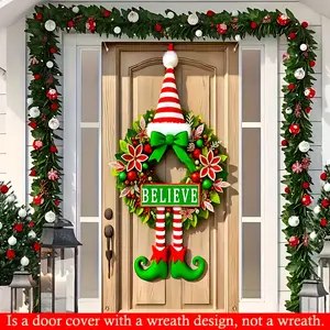 1Pcs Believe Christmas Elf Wreath Door Flag, Holiday Decoration Gift, Outdoor Porch & Garden Display, Festive New Year Decor