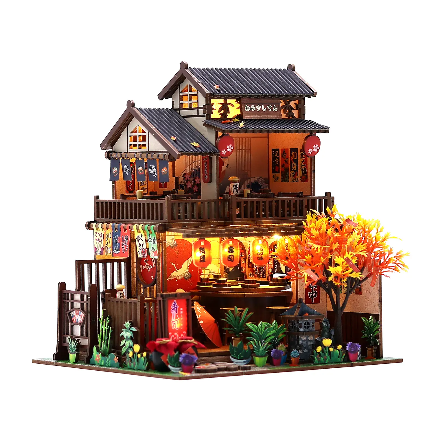DIY Miniature Japanese Sushi Restaurant House Kit, Wooden 3D Puzzle Building Model with LED Light & Rotating Sushi Counter, Handmade Craft Dollhouse Display Decor for Desk Shelf Gift