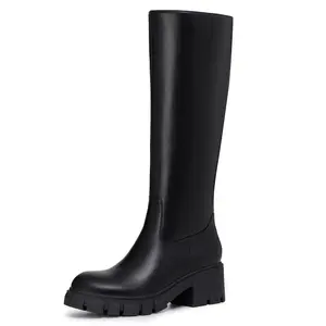 Athlefit Platform Knee High Boots for Women Round Toe Chunky Lug Sole Tall Boots with Side Zipper Black Walking Shoes